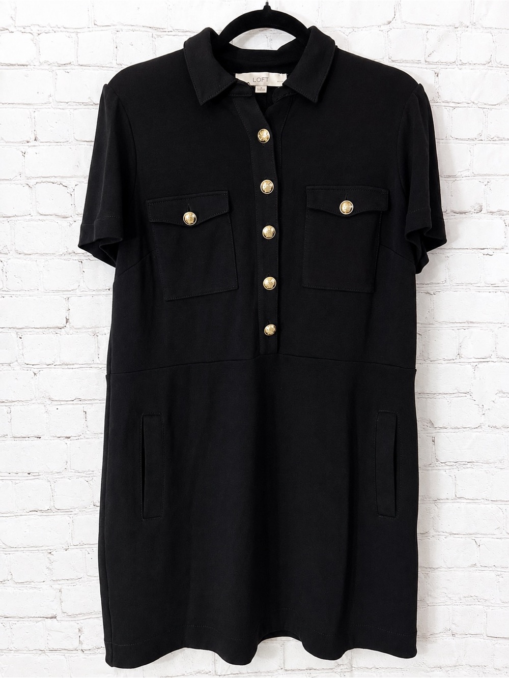 LOFT Petites Black Utility Shirt Dress Gold Buttons Size 10P